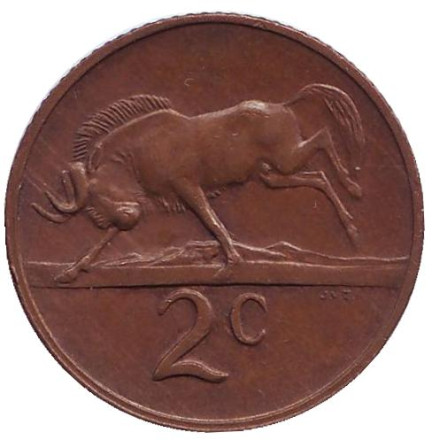 Монета 2 цента. 1980 год, Южная Африка. Белохвостый гну.