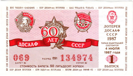 ДОСААФ СССР.  Лотерейный билет. 1987 год. (Выпуск 1)