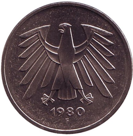 Монета 5 марок. 1980 год (F), Германия. Монета 5 марок. 1980 год (F), Германия.