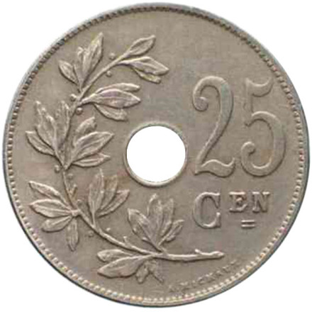 Монета 25 сантимов. 1913 год, Бельгия. (Belgique)