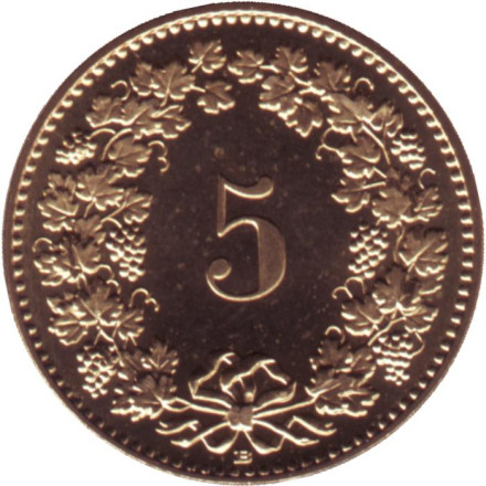 Монета 5 раппенов. 2019 год, Швейцария. UNC.