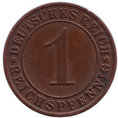 Монета 1 рейхспфенниг. 1928 год (D), Веймарская республика.