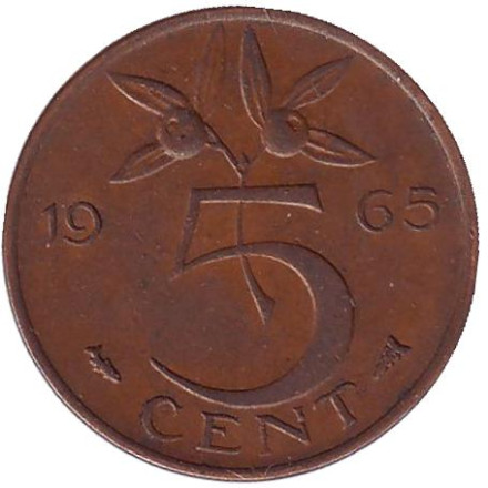 Монета 5 центов. 1965 год, Нидерланды.