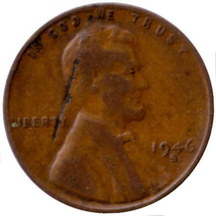 Монета 1 цент. 1946 год (S), США. Линкольн.