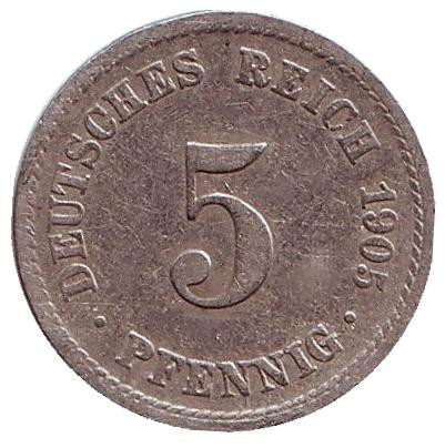 Монета 5 пфеннигов. 1905 год (А), Германская империя.