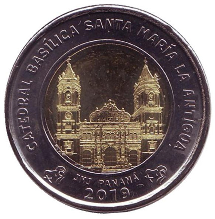 Монета 1 бальбоа. 2019 год, Панама. Кафедральный собор Базилика Святой Марии.