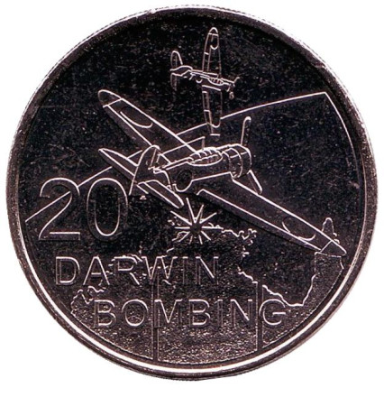 Монета 20 центов. 2016 год, Австралия. Бомбардировка Дарвина.