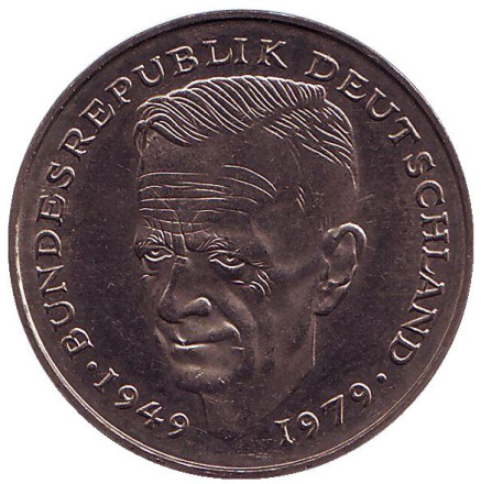 Монета 2 марки. 1981 год (G), ФРГ. UNC. Курт Шумахер.