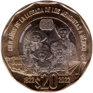 Монета 20 песо. 2022 год, Мексика. 100 лет прибытию меннонитов в Мексику. Монета 20 песо. 2022 год, Мексика. 100 лет прибытию меннонитов в Мексику.