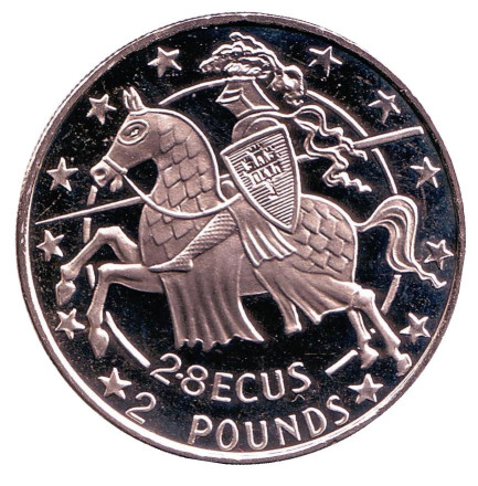 Монета 2,8 экю. (2 фунта). 1992 год, Гибралтар. Рыцарь.
