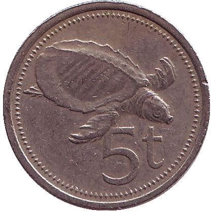 Монета 5 тойа, 1982 год, Папуа-Новая Гвинея. Свиноносая черепаха.