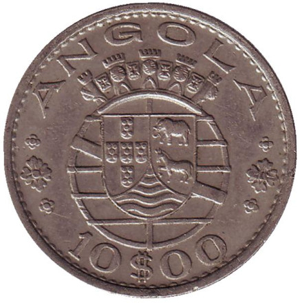 Монета 10 эскудо. 1969 год, Ангола в составе Португалии.