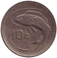Золотистая макрель. Монета 10 центов. 1986 год, Мальта.
