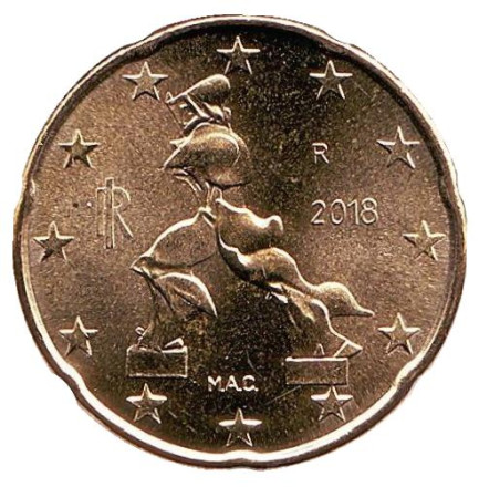 Монета 20 центов. 2018 год, Италия.