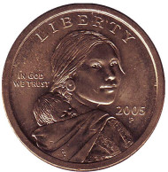 Сакагавея (Парящий орел), серия "Коренные американцы". 1 доллар, 2005 год (P), США. Сакагавея (Парящий орел), серия "Коренные американцы". 1 доллар, 2005 год (P), США.