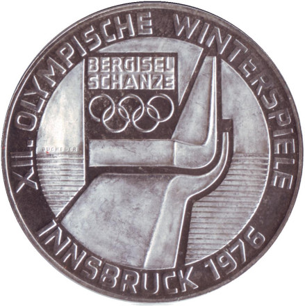 Монета 100 шиллингов. 1974 год, Австрия. Пруф! (Отметка - щит) XII зимние Олимпийские Игры, Инсбрук.