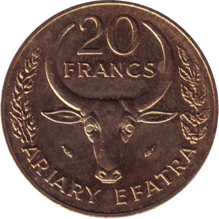 Монета 20 франков. 1986 год, Мадагаскар. Буйвол. Хлопок.