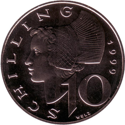 Монета 10 шиллингов. 1999 год, Австрия. Женщина из Вахау.