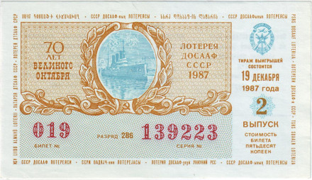 ДОСААФ СССР.  Лотерейный билет. 1987 год. (Выпуск 2)
