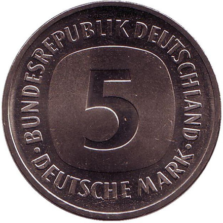 Монета 5 марок. 1980 год (G), Германия.