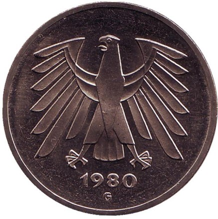 Монета 5 марок. 1980 год (G), Германия. Монета 5 марок. 1980 год (G), Германия.