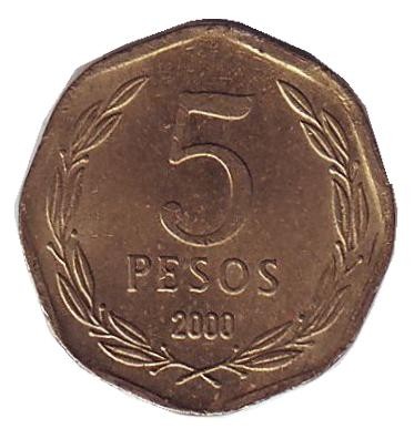 Монета 5 песо. 2000 год, Чили. Бернардо О’Хиггинс. Монета 5 песо. 2000 год, Чили. Бернардо О’Хиггинс.