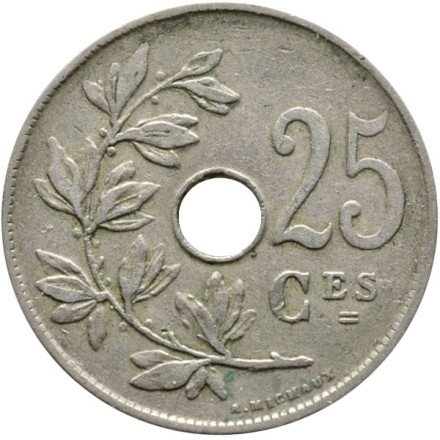 Монета 25 сантимов. 1920 год, Бельгия. (Belgique)