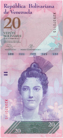 Банкнота 20 боливаров. 2013 год, Венесуэла.