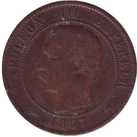 Монета 10 сантимов. 1857 год (K), Франция. Наполеон III.