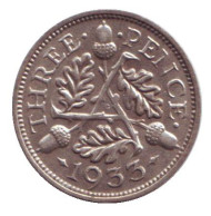 Монета 3 пенса. 1933 год, Великобритания. Монета 3 пенса. 1933 год, Великобритания.