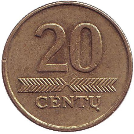 Монета 20 центов. 1997 год, Литва. Из обращения.