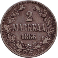 Монета 2 марки. 1866 год, Великое княжество Финляндское. Монета 2 марки. 1866 год, Великое княжество Финляндское.