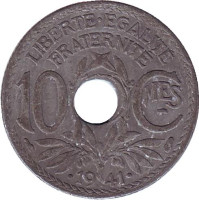 Монета 10 сантимов. 1941 год, Франция. (Точки до и после 1941)