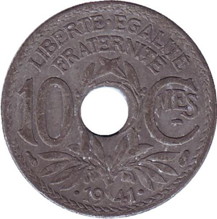 Монета 10 сантимов. 1941 год, Франция. (Подчеркивание под MES. Точки до и после 1941)