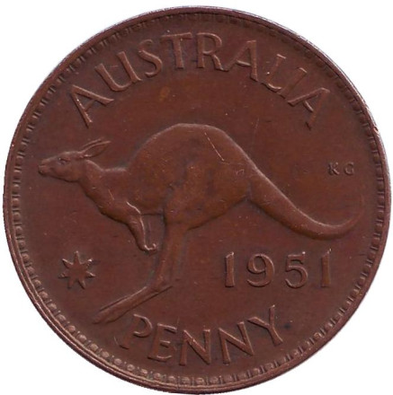 Монета 1 пенни. 1951 год, Австралия. (Без точки) Кенгуру.
