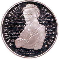 200-летие со дня рождения Генриха Гейне. Монета 10 марок. 1997 год (D), ФРГ.