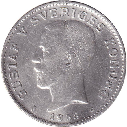 Монета 1 крона. 1938 год, Швеция. Густав V.