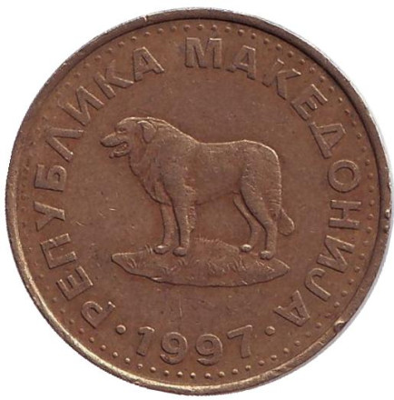 Монета 1 денар, 1997 год, Македония. Пастушья собака.
