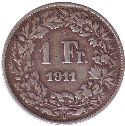 Монета 1 франк. 1911 год, Швейцария. Гельвеция.