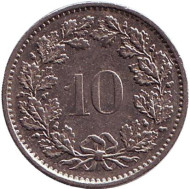 Монета 10 раппенов. 1974 год, Швейцария. Монета 10 раппенов. 1974 год, Швейцария.