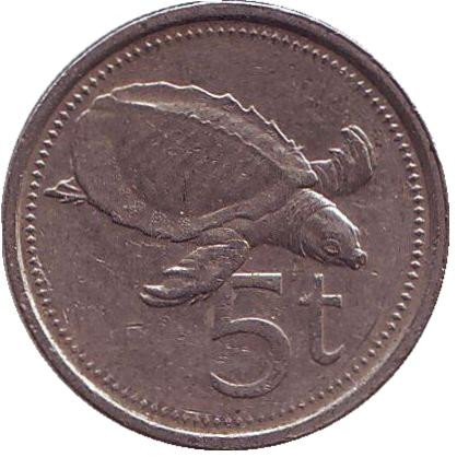 Монета 5 тойа, 1984 год, Папуа-Новая Гвинея. Свиноносая черепаха.