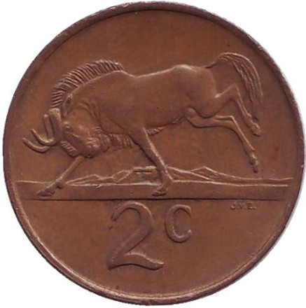 Монета 2 цента. 1990 год, Южная Африка. Белохвостый гну.