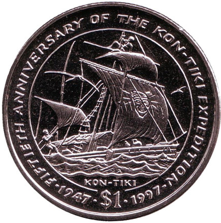 Монета 1 доллар. 1997 год, Либерия. 50 лет экспедиции Кон-Тики.