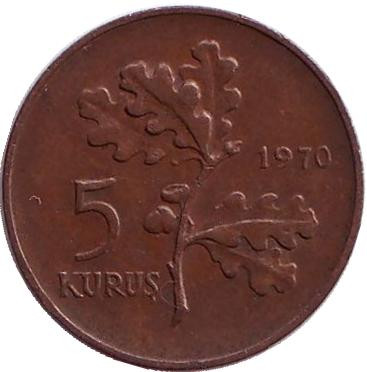 Монета 5 курушей. 1970 год, Турция. Дубовая ветвь.