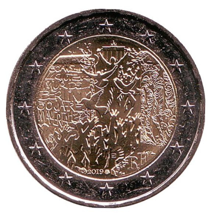 Монета 2 евро. 2019 год, Франция. 30 лет падению Берлинской стены.
