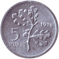 Монета 5 курушей. 1976 год, Турция. Дубовая ветвь. Монета 5 курушей. 1976 год, Турция. Дубовая ветвь.