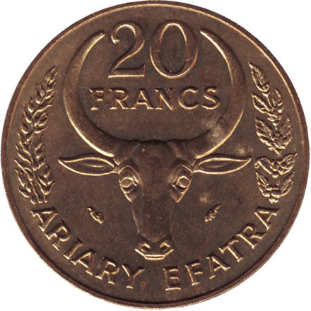 Монета 20 франков. 1987 год, Мадагаскар. Буйвол. Хлопок.