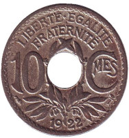 10 сантимов. 1922 год, Франция. (рог изобилия)