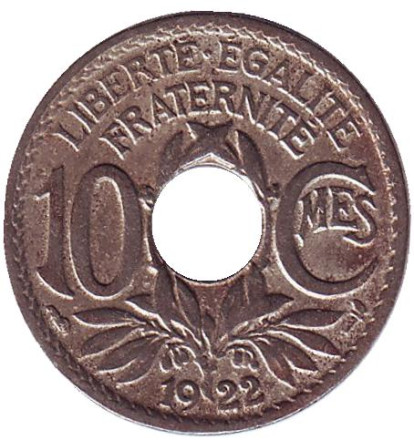 Монета 10 сантимов. 1922 год, Франция. (рог изобилия)