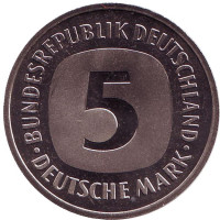 Монета 5 марок. 1980 год (J), Германия.